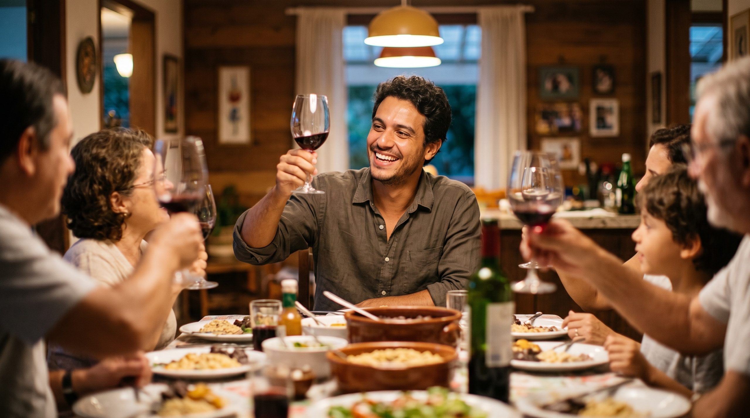 Family smiling and sharing a meal around the table