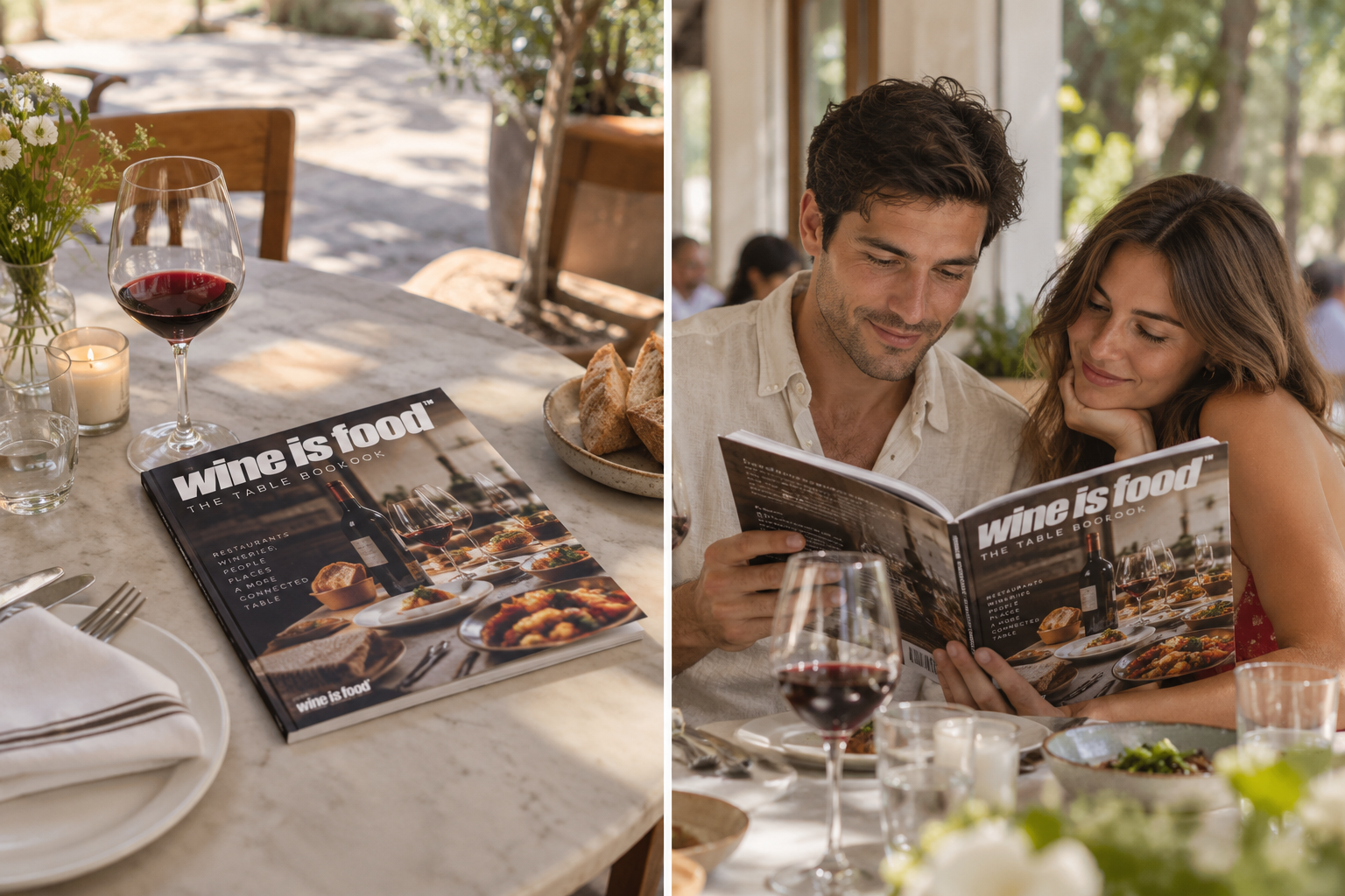 THE TABLE BOOK at a dining table and a couple reading it together
