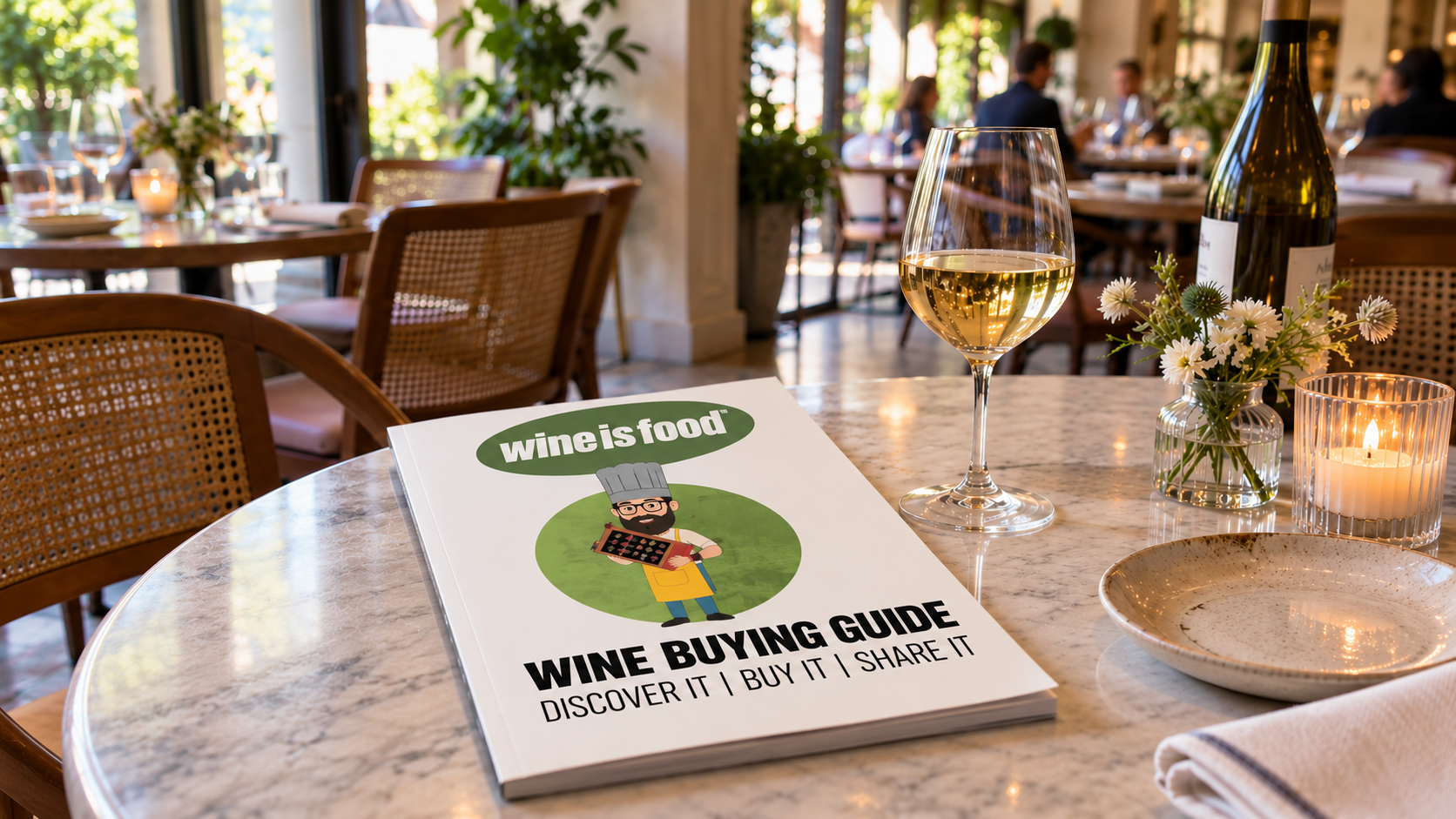 WiNEisFOOD Wine Buying Guide with the approved mascot at a restaurant table