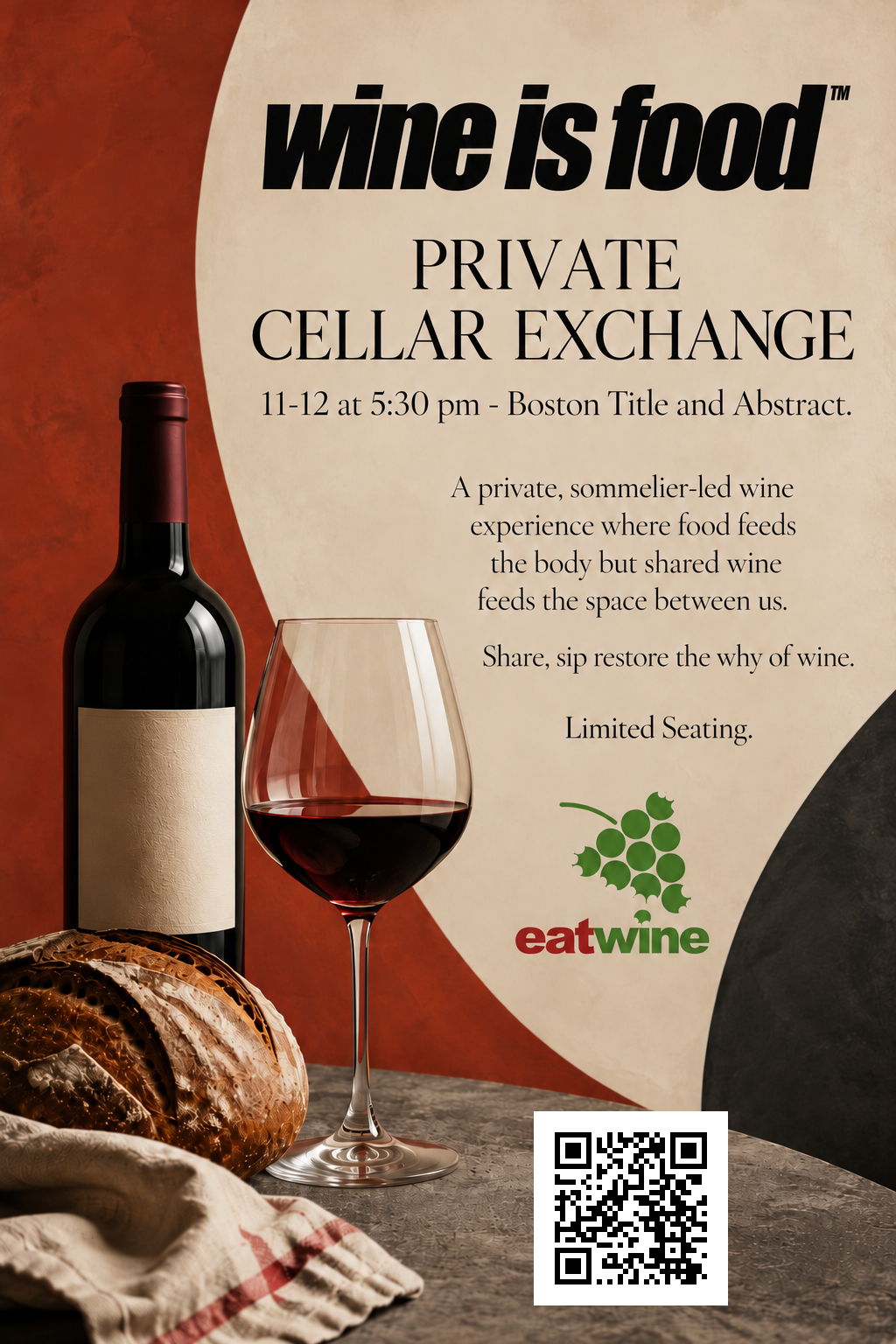 Private Cellar Exchange — November 12 at 5:30 PM at Boston Title and Abstract; scan the QR code to buy tickets